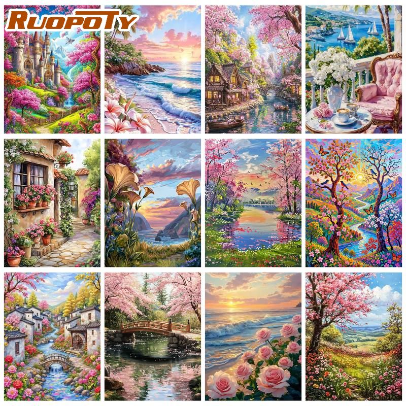 Art Craft Easy Ideas - RUOPOTY サンセットビーチ 数字で描く絵 大人向けクラフト 数字付き絵画 風景画