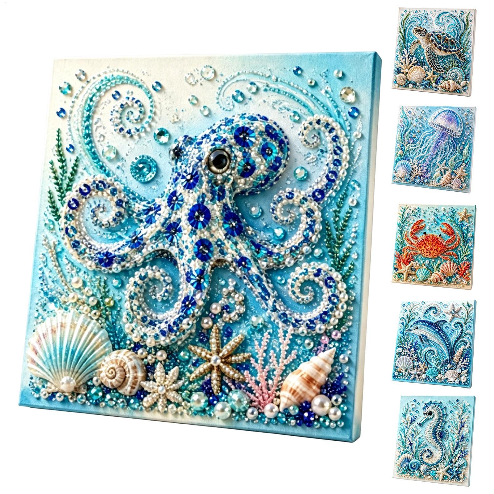 Art Craft Jellyfish - 海をテーマにしたパールクラフトDIYキット：タコ、カメ、クラゲ、イルカ、カニ、キラキラ輝くダイヤモンドアート、手作りの沿岸風ホームウォールデコレーション