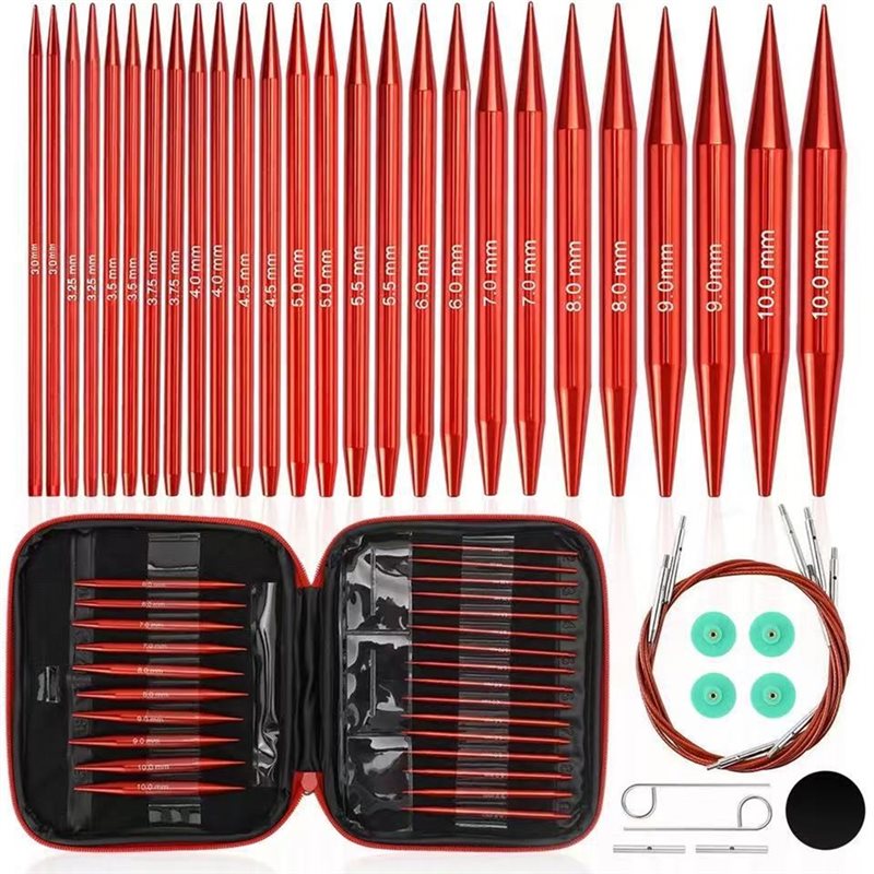 Knitting Needle Circular - A25F-円形編み針セット、マットレッドアルミニウム製、初心者と上級者向けのアクセサリーが含まれています