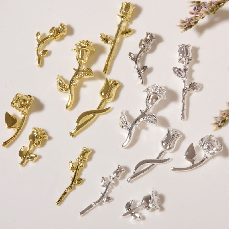 Art Craft Rose - 10 個 3D ローズネイルアート飾り DIY クラフトアクリルネイルデコレーションゴールド/シルバー