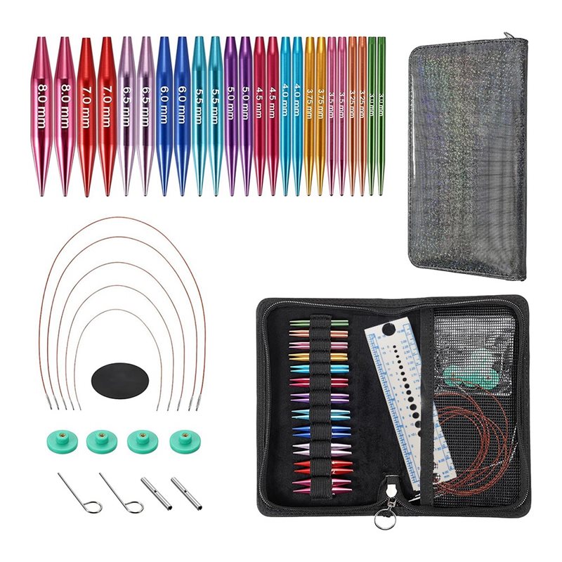 Knitting Needle Circular - 短い交換可能な編み針セット、初心者向け - 2インチの金属製円形編み針キット（12組）-AT36