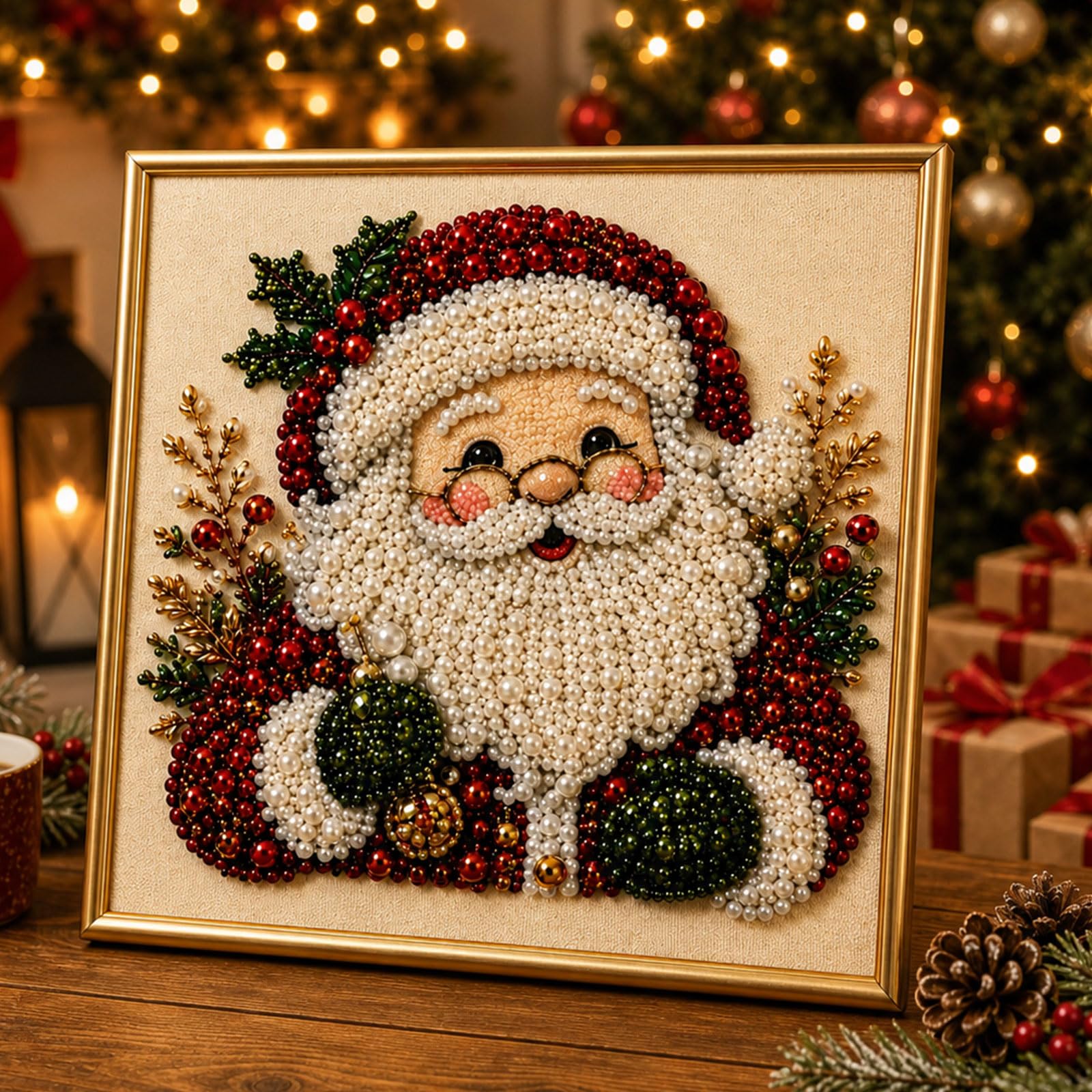 Art Craft Glasses Frames - DIYクリスマスパールダイヤモンドペインティングキット（フレーム付き）、3Dパールビーズサンタアートクラフト（大人向け）、ホームウォールデコレーション（サンタメガネ）