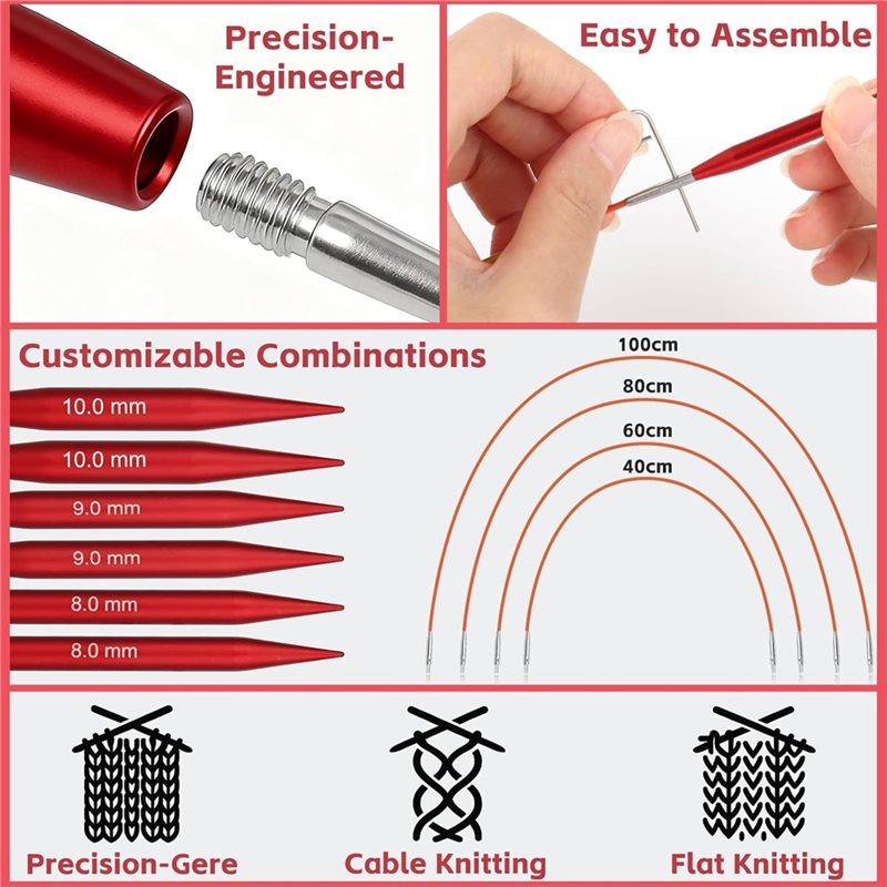 A25F-円形編み針セット、マットレッドアルミニウム製、初心 - Knitting Needle Circular のレビューと価格